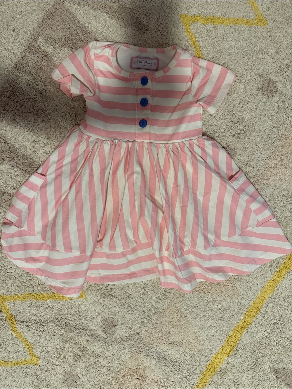 Pink & White Striped stretchy swing dress Dress with blue Buttons
